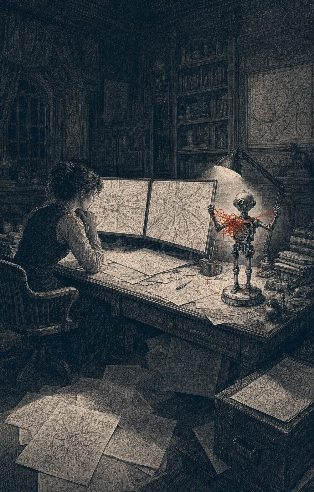 Etching: a woman works late at night between two glowing screens, her small automaton assistant wrestling a snarled red thread