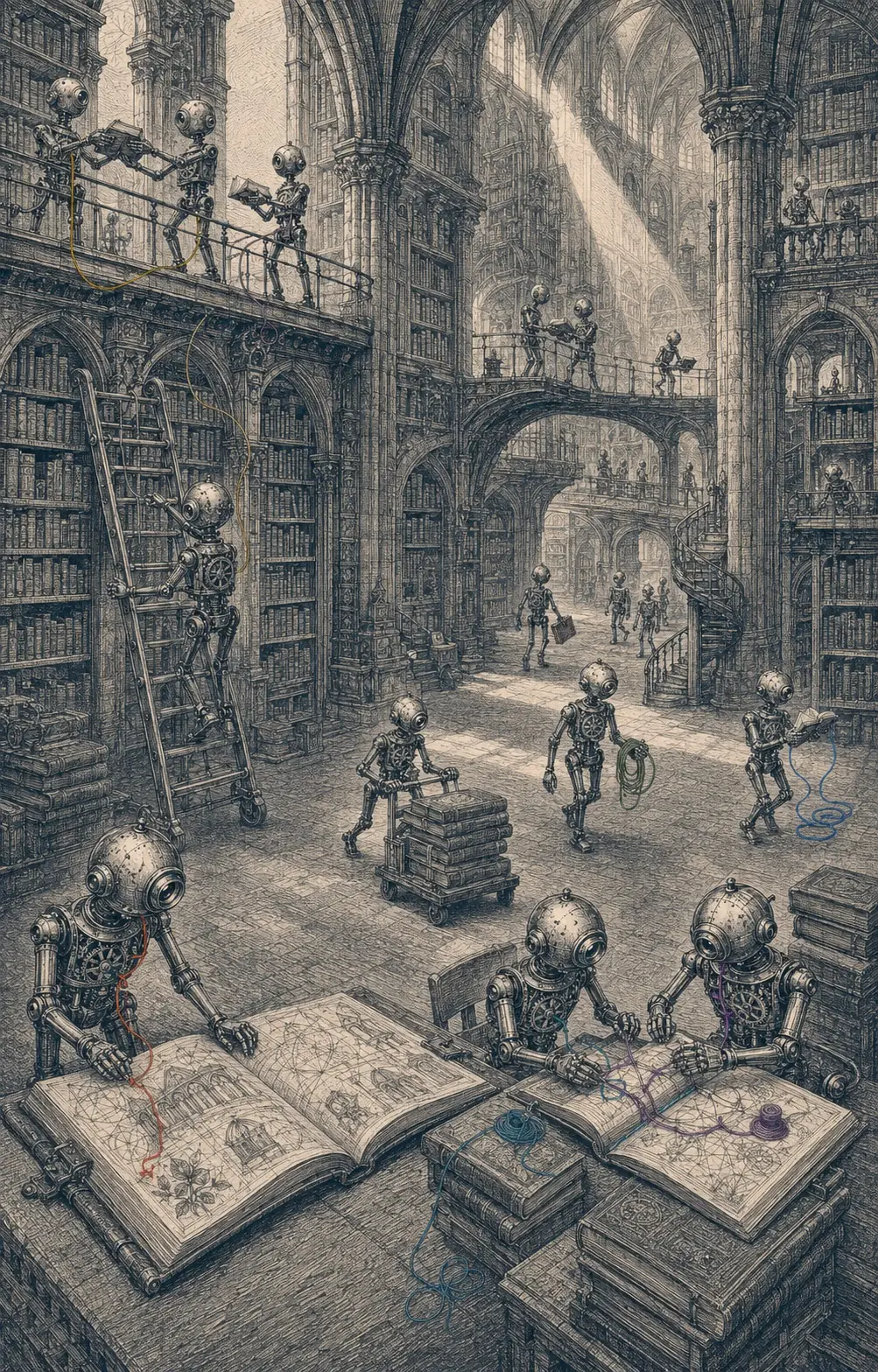 Etching: a grand library where many automatons work together, carrying colored threads into shared ledgers