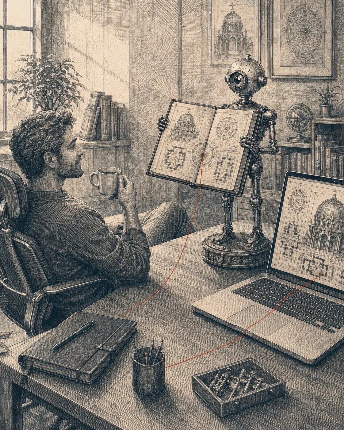 Etching: a relaxed man with a coffee while his automaton assistant holds the open ledger toward him, its red thread strung into a laptop