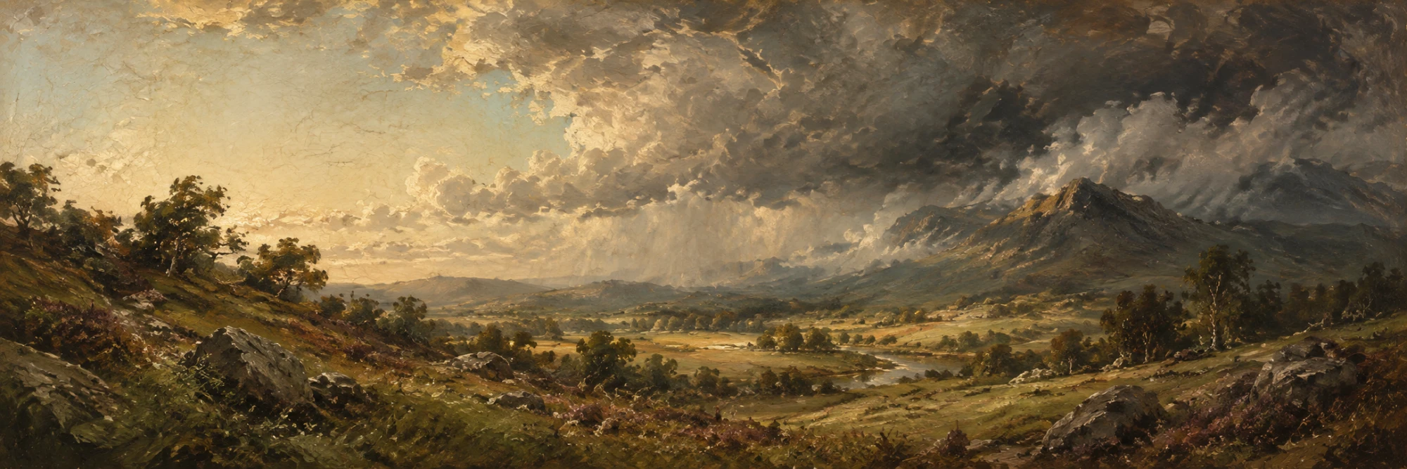 Oil painting of a storm clearing over a river valley